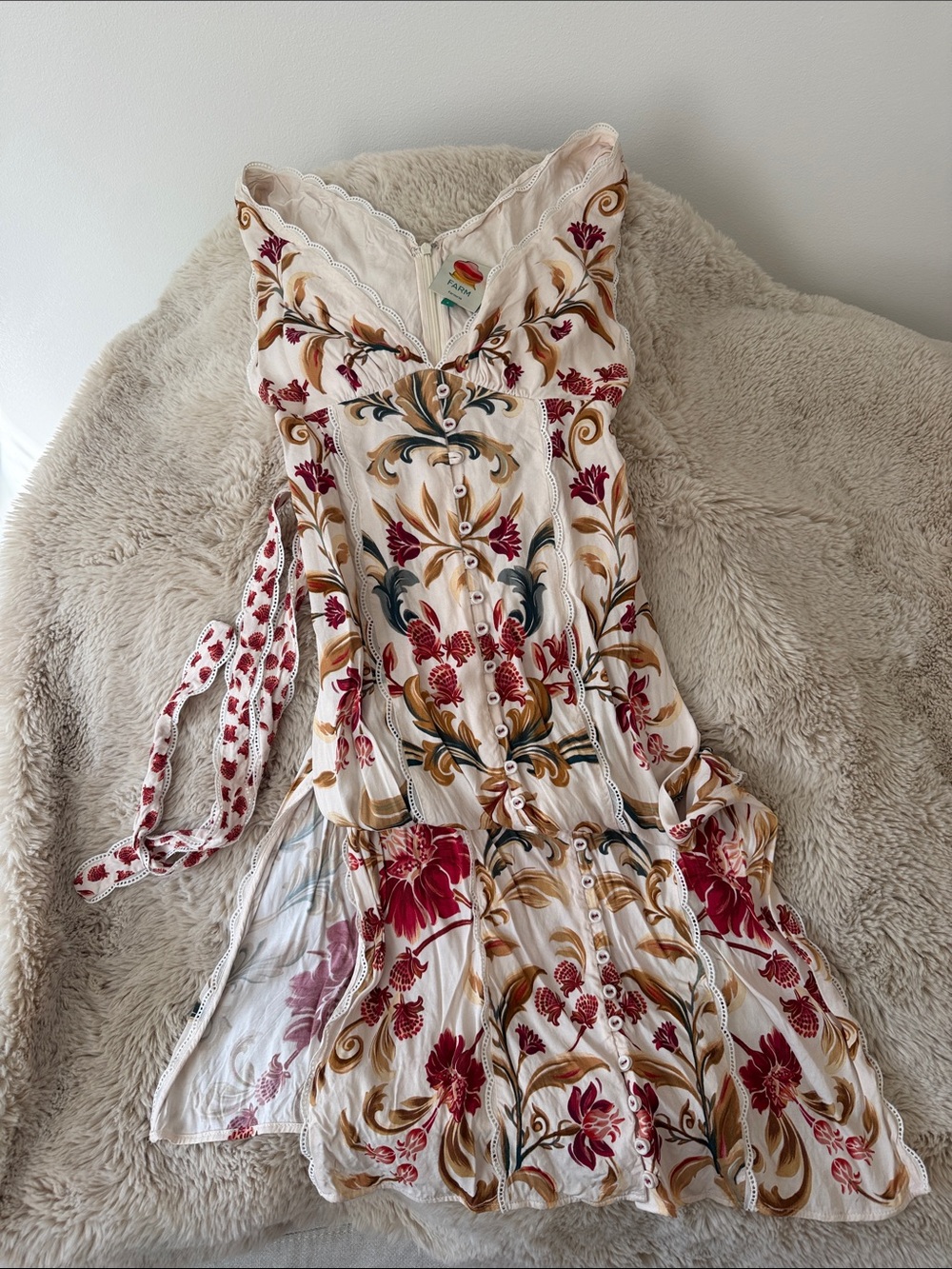 FARM Rio Cream Floral Dress with Red & Gold Embroidery